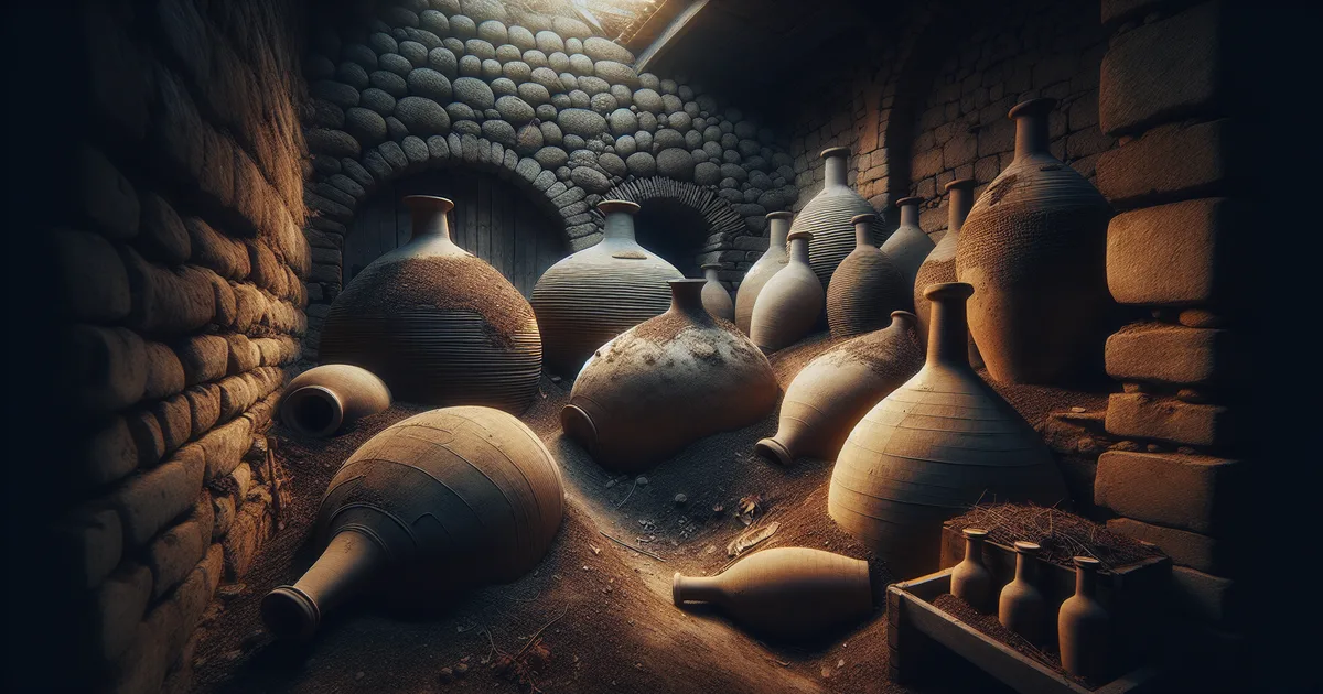 Georgian wine — old bottles on wooden shelves in a stone cellar