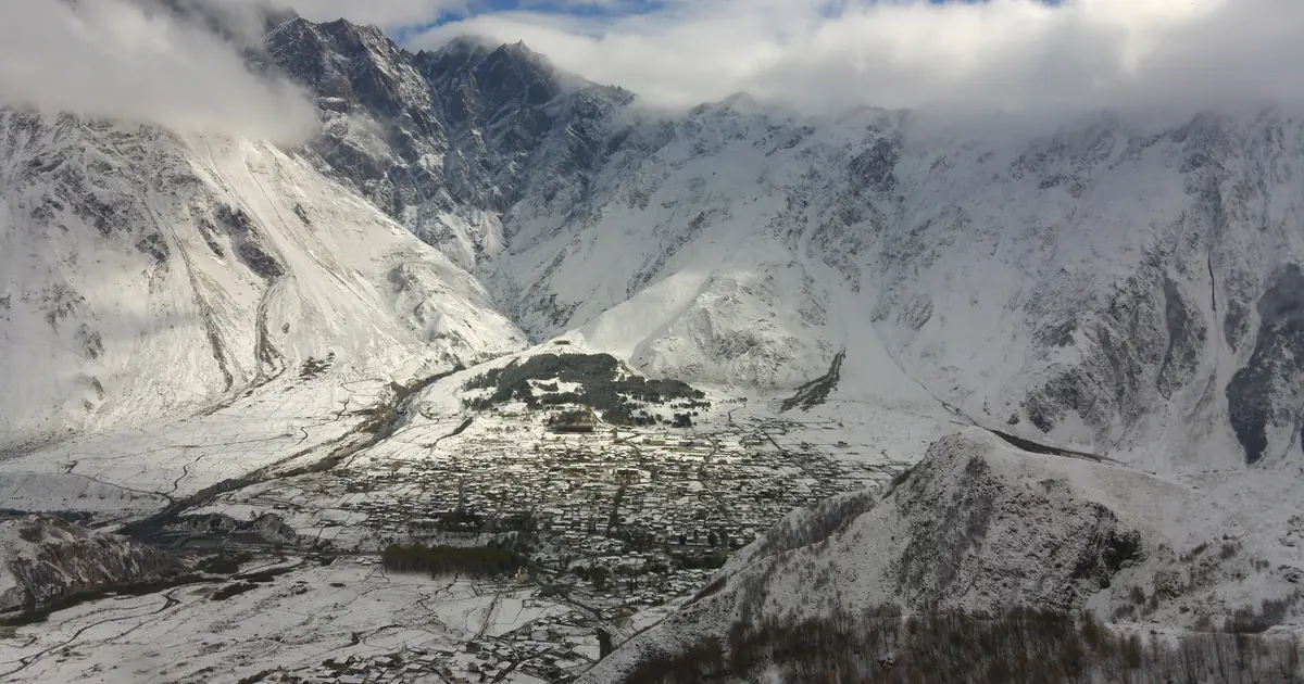 Snowy Stepantsminda seen from the path to Gergeti