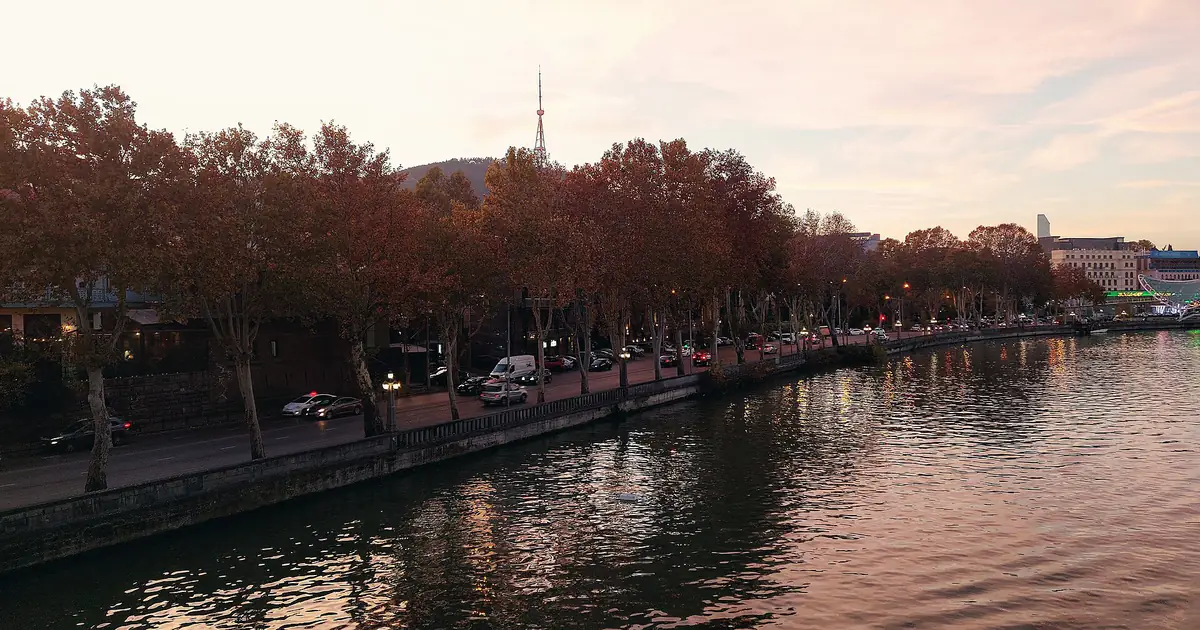 Tbilisi riverside embankment at sunset in November